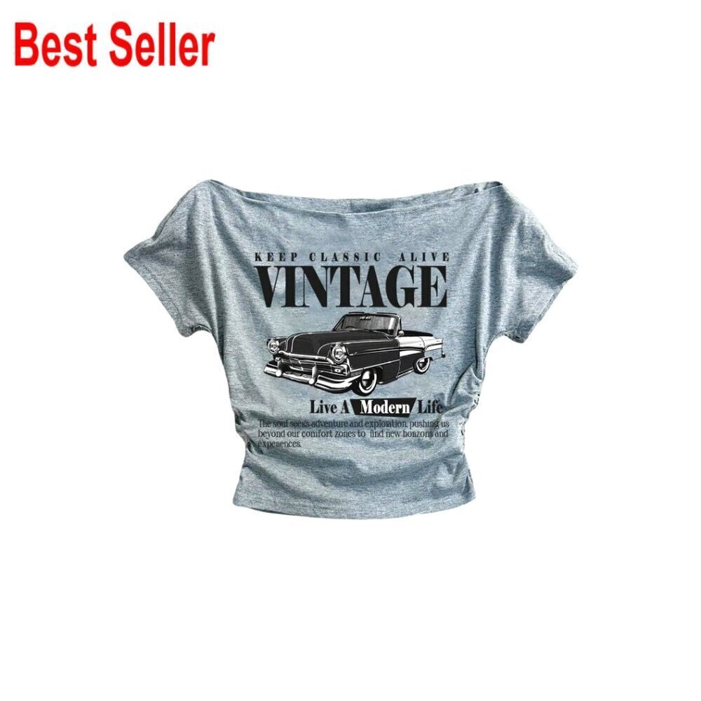 Off Shoulder Graphic Tee Y2K Retro Slim Fit Short Sleeve Top Vintage Summer